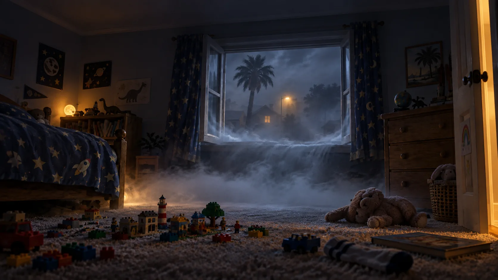 Maya's bedroom at night, with fog creeping in through the open window